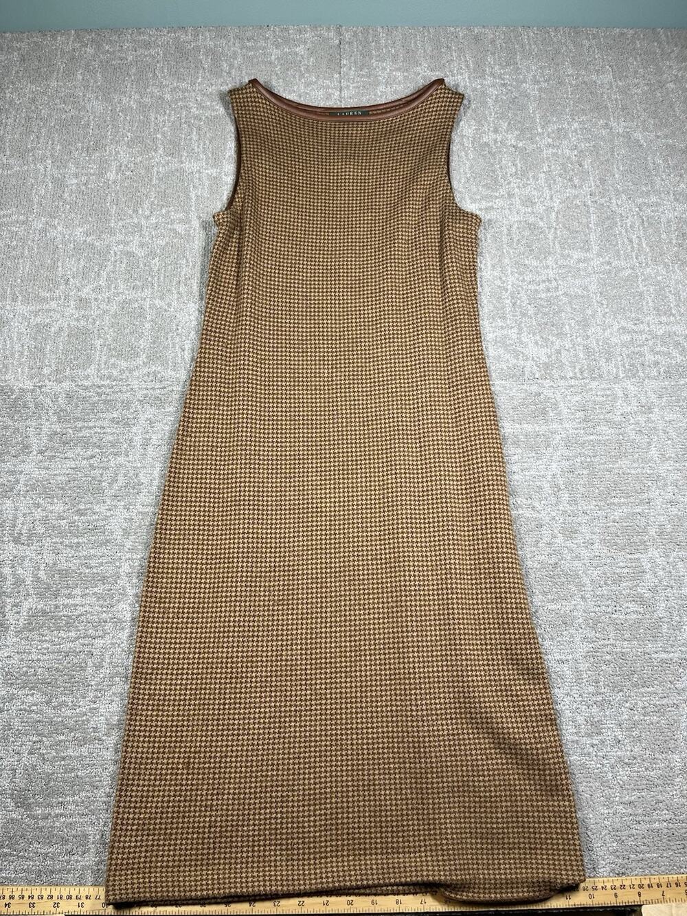 Vintage Lauren Ralph Lauren Brown Wool Leather Trim Midi Dress Size M